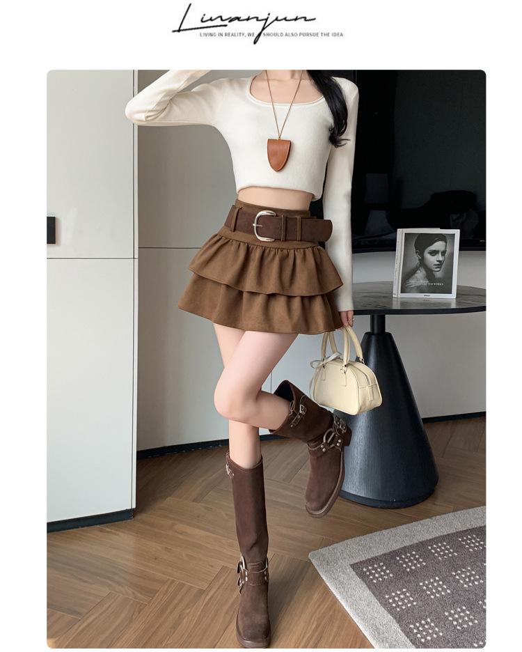 Air Layer Suede Plush High Waist Petite Slimming A-Line Skirt - 2025 Autumn/Winter Collection