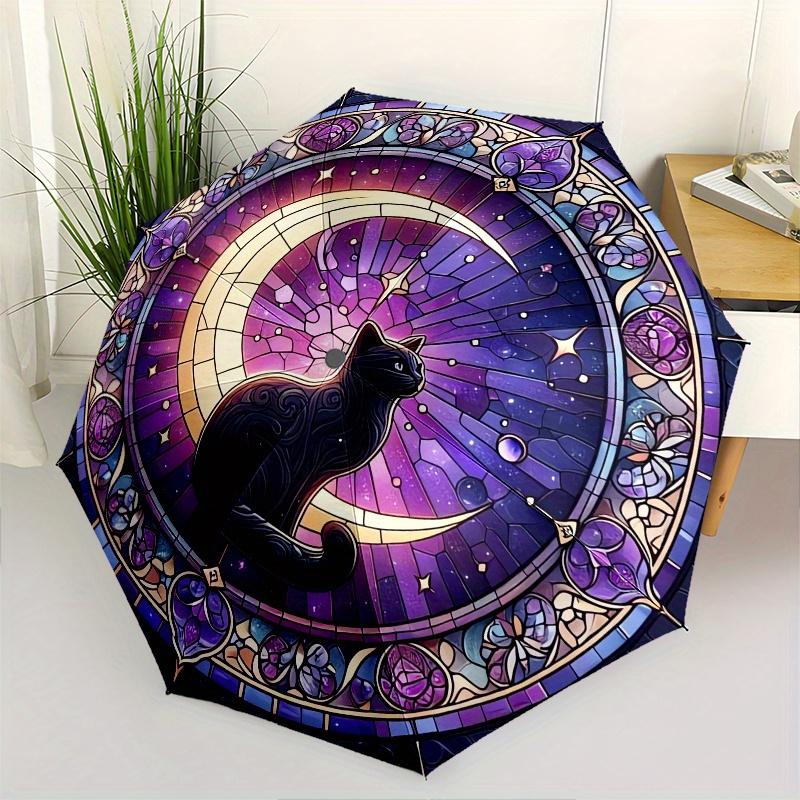 

Stained Glass Cat Moon Automatic Folding Umbrella 8 Ribs, Durable Iron Frame, Bright Color Pattern Compact Travel Umbrella, Suitable for Ou