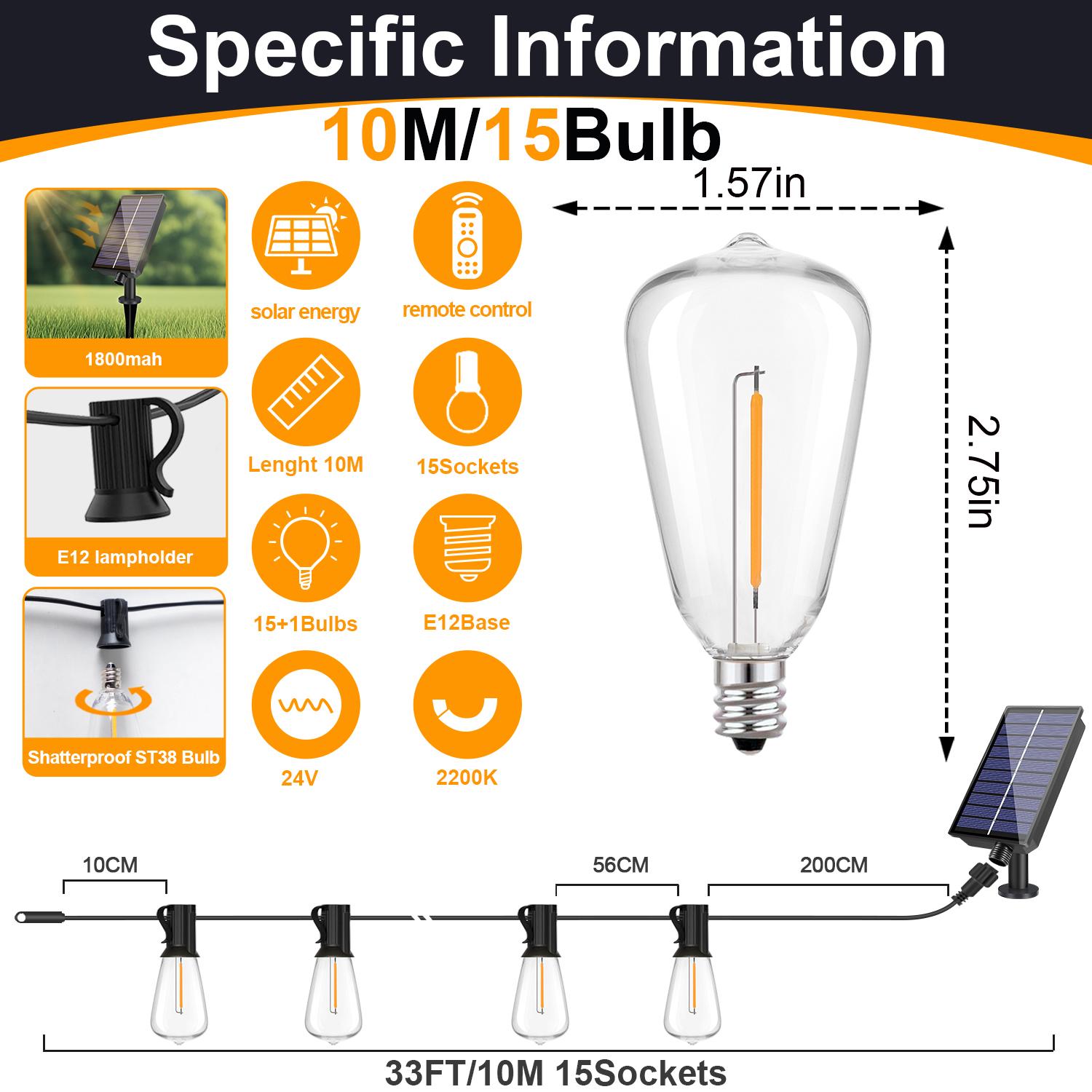 Solar Globe LED String Lights G40 Patio Light USB Recharger 8 Light Modes Remote Control Garden Solar Weatherproof Hanging Light Remote Control