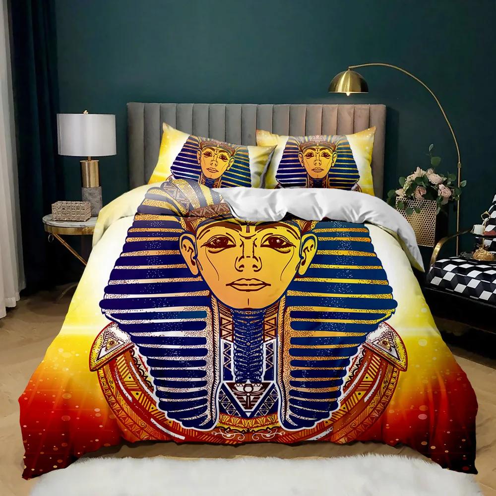 Pharaoh Bedding Sets,King Size 3D Ancient Egypt Tribe Decor Comforter Cover Set For Adult Egyptian Pyramid Polyester Duvet Cover