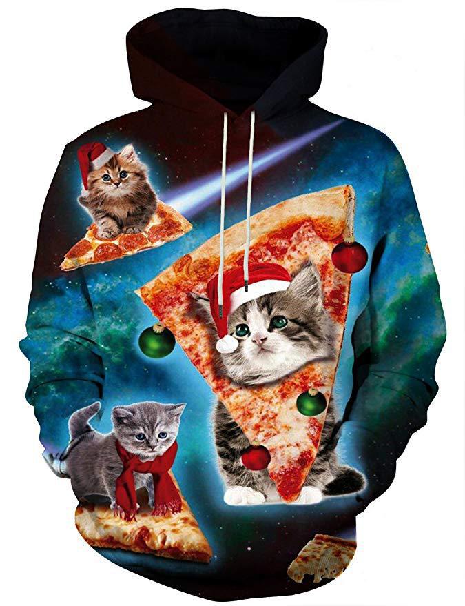 New Christmas Santa Claus Crew Neck Casual Sweater Digital Printed Animal Cat Couple Hoodie