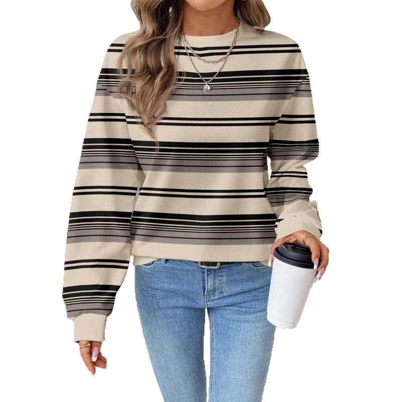 Womens Casual Striped Print Hoodie-Free Sweatshirt Loose Fit Round Neck Long Sleeve Top 2025