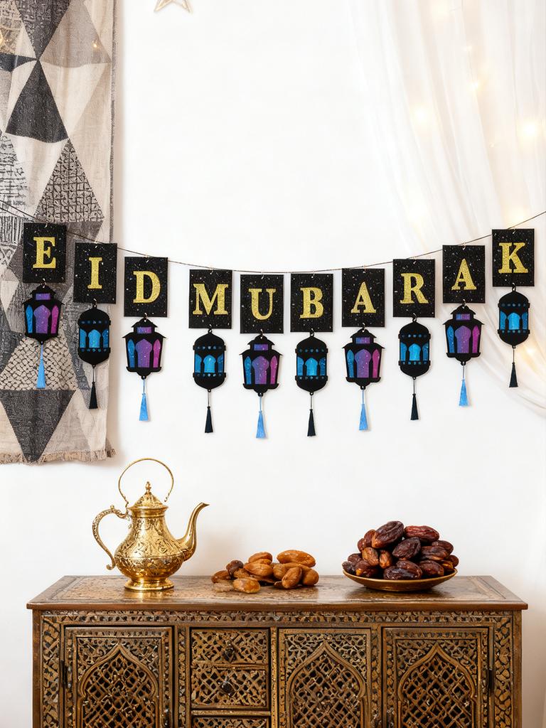 Eid Mubarak Banner with Lantern Tassels Ramadan Kareem Islamic Festival Party Decor Muslim Home Wall Hanging for Eid Adha Gifts