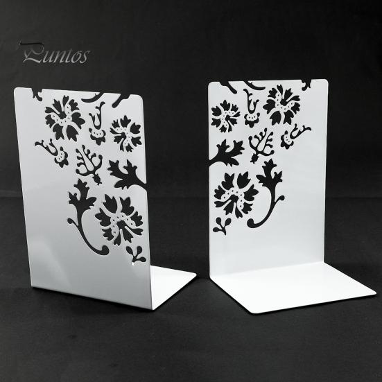 L-shaped Bookend 2PCS Metal Bookends, L-Shaped Reinforced Support Book Holder, with Non-Slip Flower Pattern Pads, Hollow Floral Design for Bookshelves