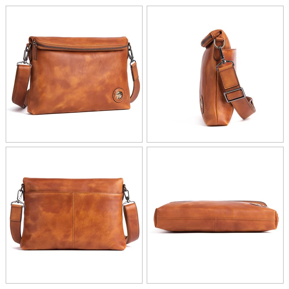 Whatna Antique-Style Tanned Natural Cowhide Leather Shoulder Bag for Men, Messenger Bag, Small Business Bag with 2 Pen Holders, Fits A4 Sizes and