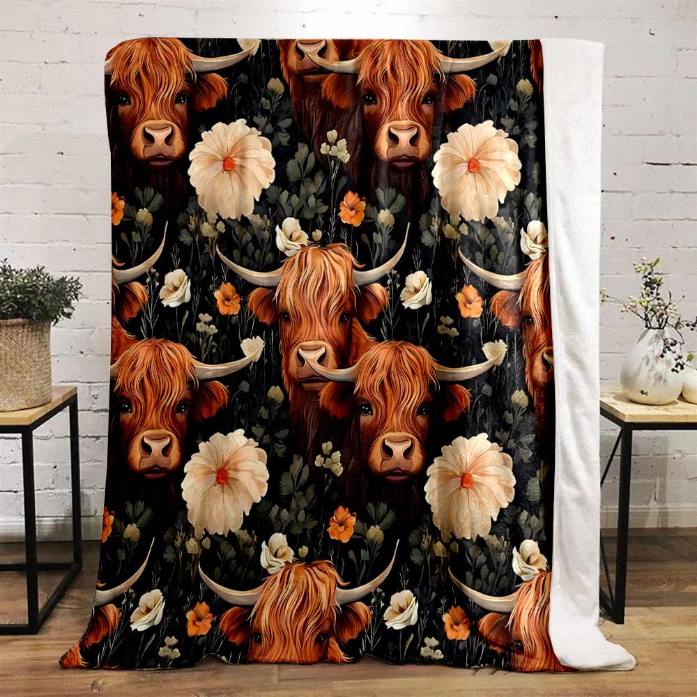 Highland Cow Floral Print Blanket bedroom Blanket for Livingroom Couch lunch break Soft throw for Friend's festival Gift