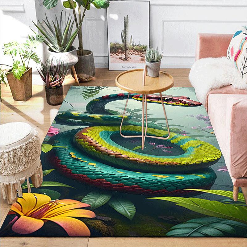 1pc Calm Green Snake Print, Design Indoor Area Rug - Soft, Anti-Slip, and Durable Gaming Room Decor for Bedroom