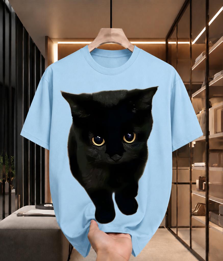 2026 New Arrival Pure Cotton Tshirt 3d Vivid Black Cat Cute Pet Print Crew Neck Unisexs Top Casual Short Sleeve