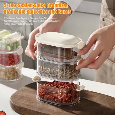 Organizador de Especias Sellado de 5 Niveles Cajas Apilables para Almacenamiento de Especias Organizador Hermético para Condimentos con Compartimentos Divididos Transparentes para Especias y Condimentos de Cocina