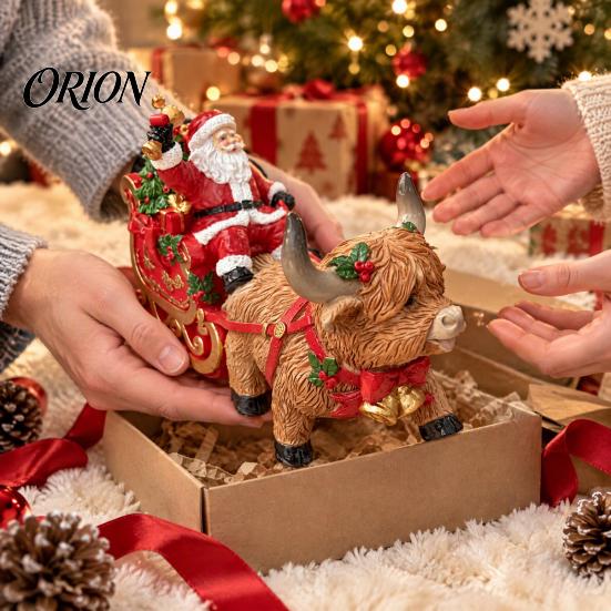 Small Sleigh Figurine for Shelves Christmas Santa Highland Cow Figurine, Resin Claus Hand Painted Winter Wonderland Collectibles Tabletop Decoration