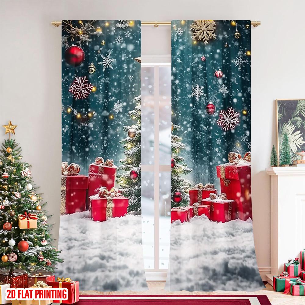 2pcs 2D Flat Printing Merry Christmas Popular Curtains Winter Wonderland Snow Versatile 100% Polyester Without Electricity