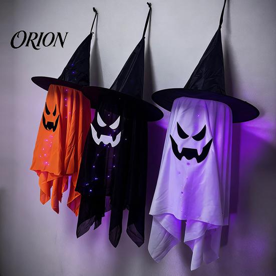 Halloween Yard Art for Decoration Hanging Ghost Decor with Wizard Hat, LED Light Up Colorful Lights Patio Windsock Porch Yard, Outdoor Spooky