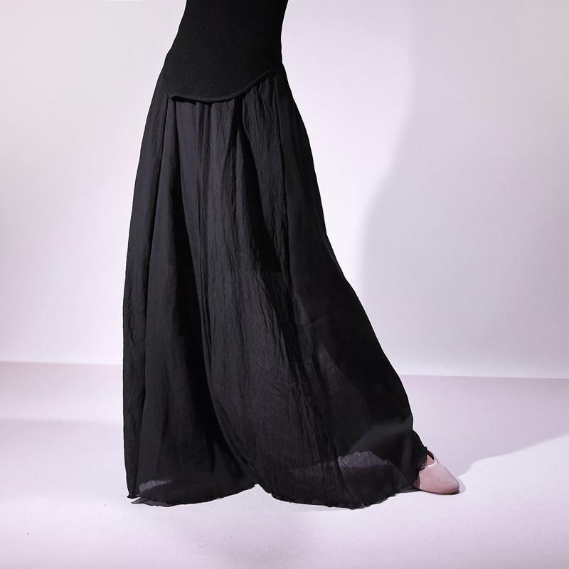 Qooth Linen-Cotton A Line Maxi Skirt Elastic Waist Plus Size Flared Skirt QT2837