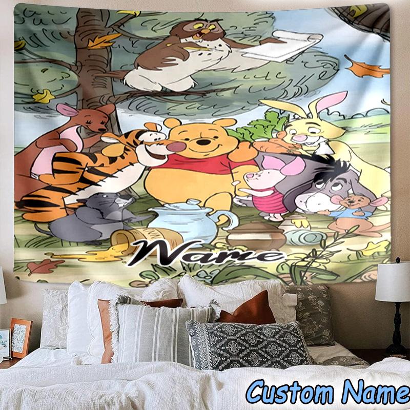 Custom Name Tapestry Cartoon Pooh Tapestry, Unique Design Tapestry, Suitable for Bedroom,Livingroom, Playroom,Heartwarming Fan Holiday Gifts
