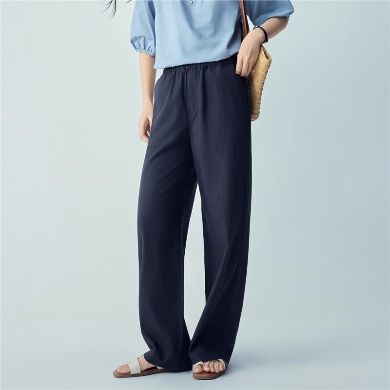 Giordano Women's Cotton-Linen Elastic Waist Straight Casual Pants