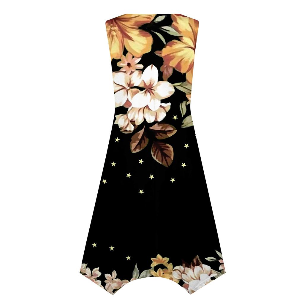 Women's Casual Fashion Round Neck Sleeveless Print Irregular Hem Midi Dress