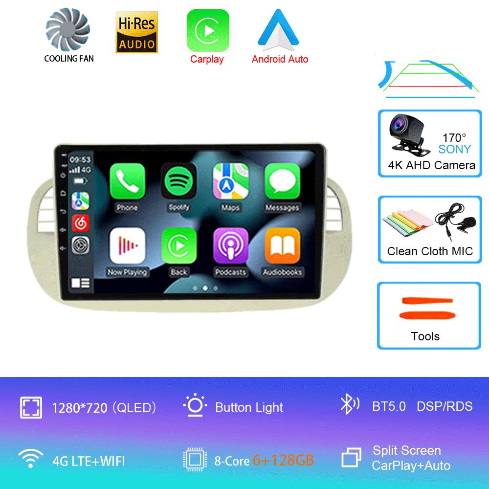 Car Radio Android 14 For Fiat 500 Navigation GPS Multimedia Player Stereo 5GWiF+4G SIM BT Wireless Auto Carplay 360 Camera 2 DIN