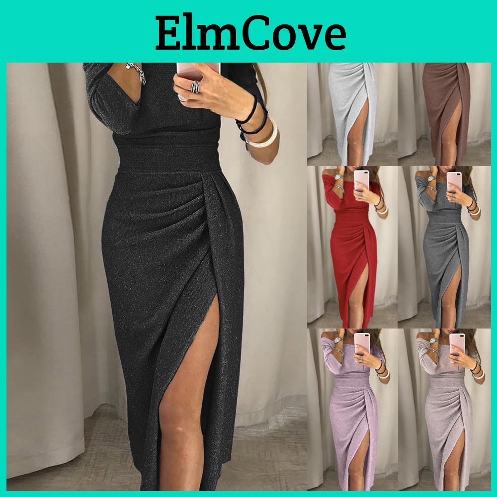 Women Slit Shoulder High Off Bodycon Dress Long Sleeve Dresses