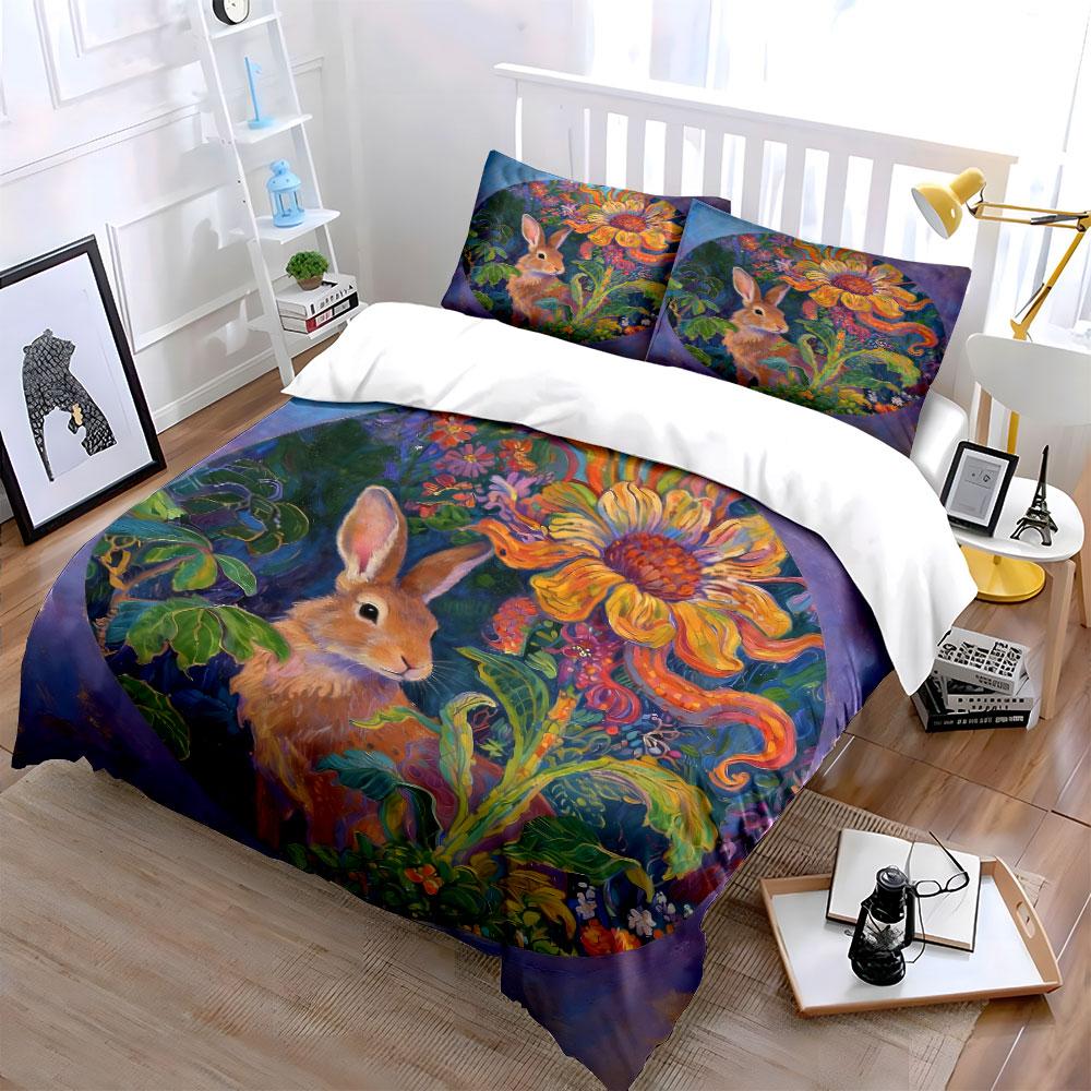 Floral Rabbit Artwork Home Decor Soft Comfortable Duvet Cover Bedding Set Included 1*Duvet Cover & 2*Pillowcases, Gift