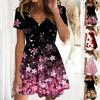 Women's V Neck Short Sleeve Mini Dress Mid Waist Watercolor Floral Gradient Print A Line Casual Summer Dress
