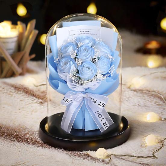 Artificial Rose Bouquet with LED Light Glass Dome Cover Eternal Flower Decoration Women Wife Girlfriend Anniversary Valentine's Day Mother's Day Gift