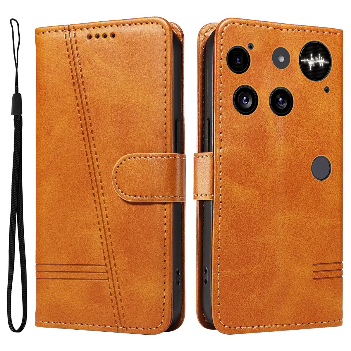 

For Nothing Phone (3) 5G Wallet Case T-Shape Lines Leather Phone Cover Stand Brown
