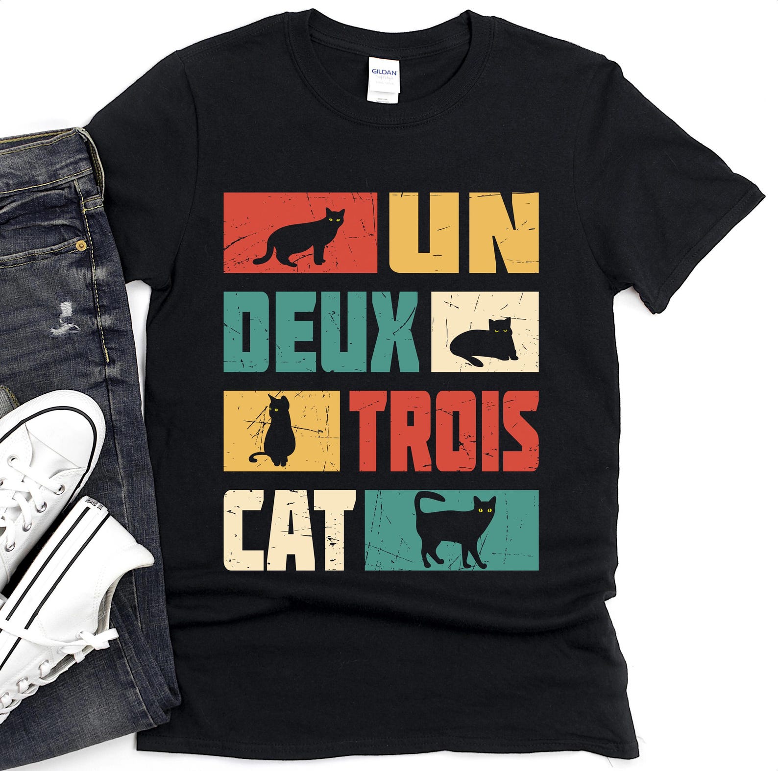 Un Deux Trois Cat T-Shirt | Retro French Cat Graphic 4XL