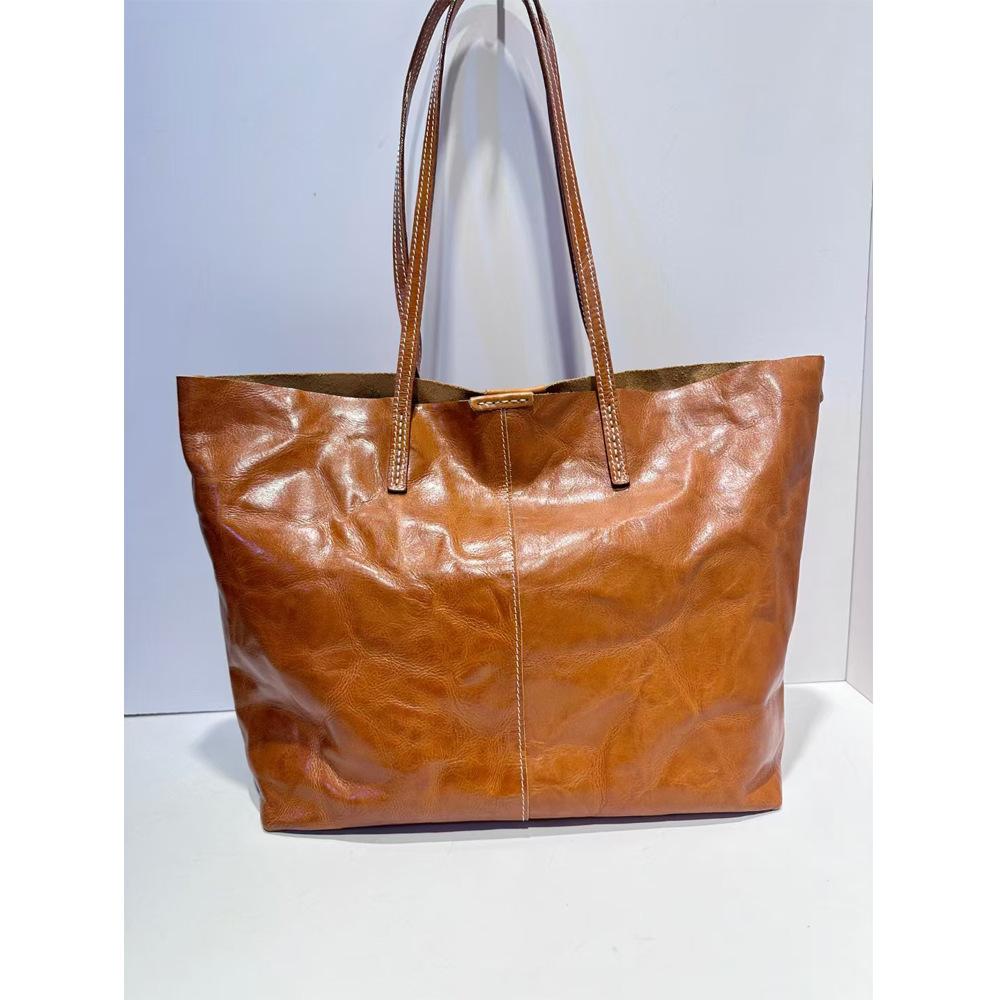 Large Capacity Handbag Bag Women S Bag First Layer Cowhide Women S Bag Retro Vegetable Tanned Cowhide Tote Bag 6190 коричневый