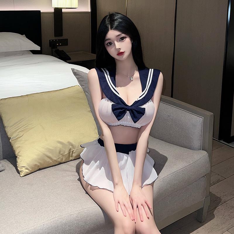 Sensual See-Through Lingerie Set: Seductive Mini Skirt & Cute School Uniform Nightwear for Women