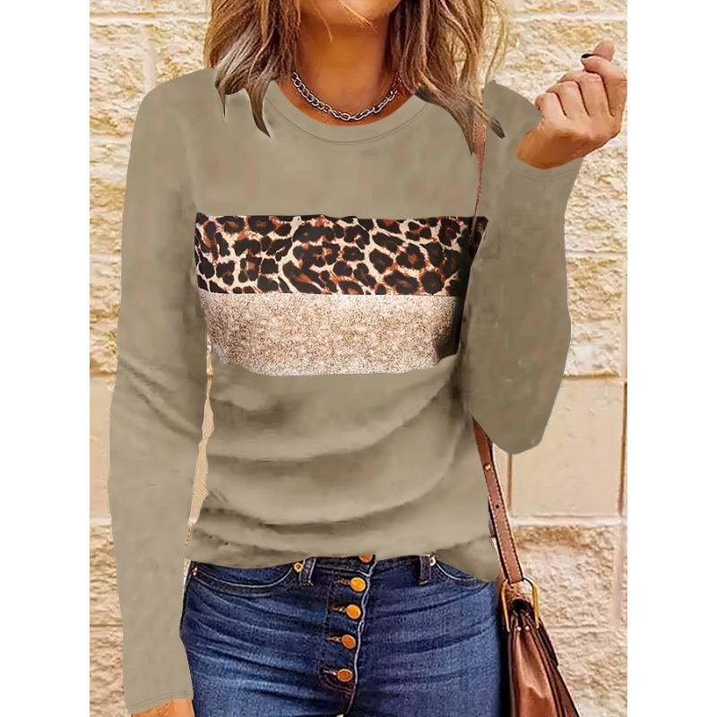 Women Fashion Leopard Printed T-Shirts Basic Casual O Neck Full Long Sleeve Tee Shirts Ladies Chic Knitted Tops