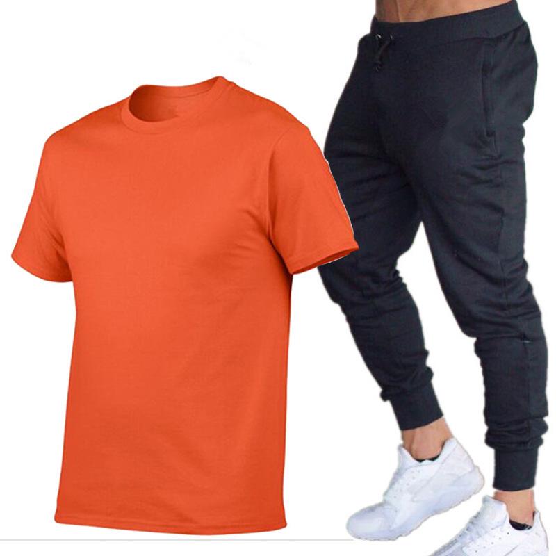 Herren Sommer Freizeit Shorts & Skinny Hosen Set - Baumwolle Rundhals T-Shirt & Lange Hosen