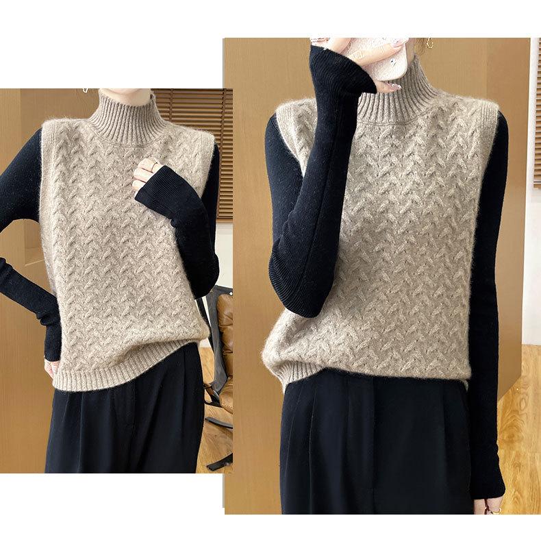 Women's 100% Wool High Neck Cable Knit Sleeveless Vest - Warm Autumn/Winter Shawl