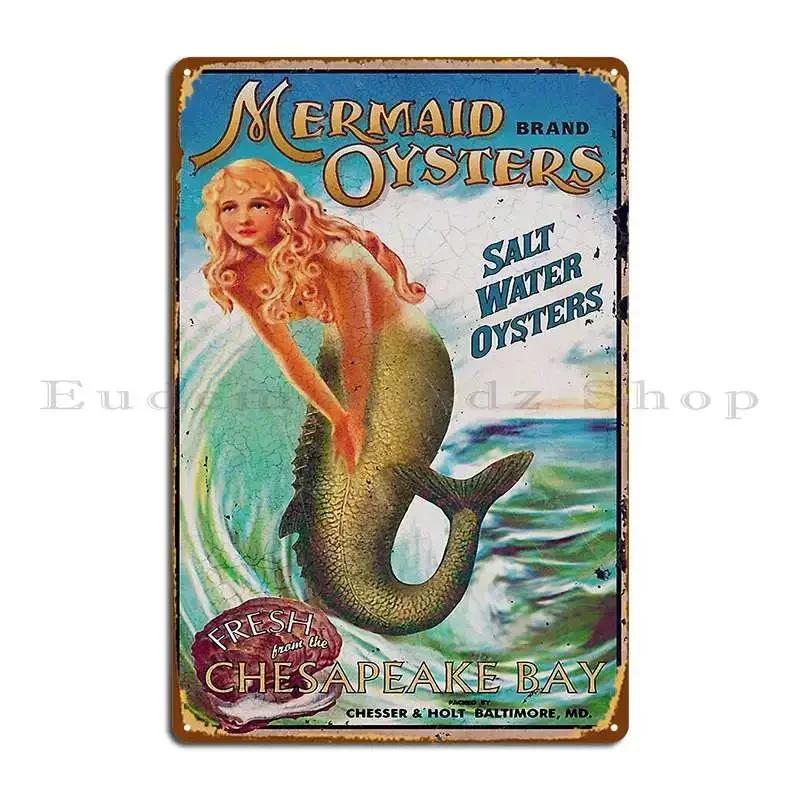 Mermaid Vintage Seafood Oyster Food Advertisement Metal Plaque Painting Rusty Personalized Sign Wall Decor Tin Sign Poster