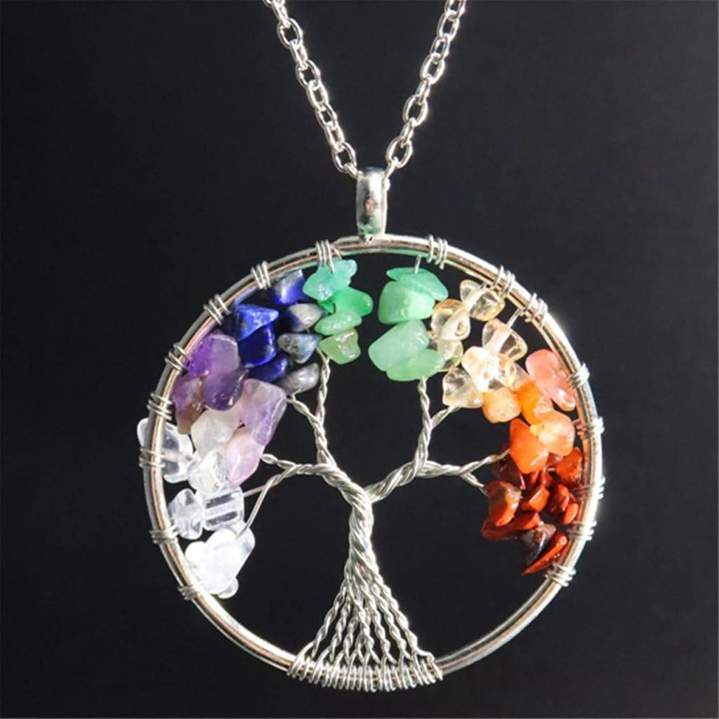 7-Color Natural Stone Crystal Tree of Life Pendant Necklace