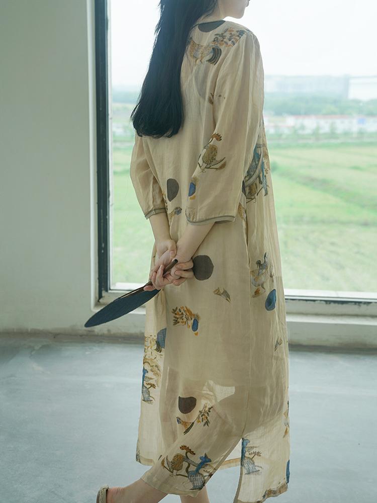 Johnature Dámské šaty Ramie v čínském stylu Květinové Vysoce kvalitní Župany se sedmi rukávy Vintage šaty s knoflíky na podzim