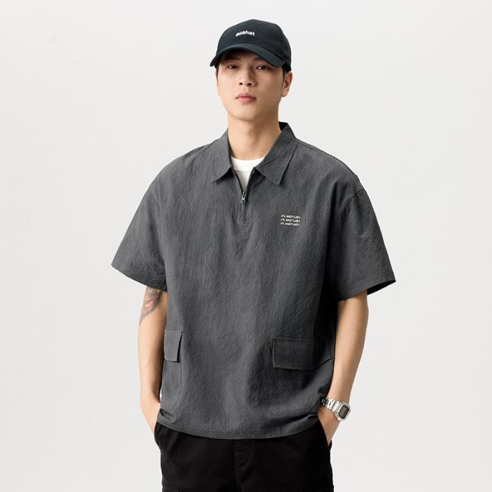 Summer Retro Ice Silk Bubble Textured Pattern Shirt Lapel Loose Casual Short-sleeved Shirt