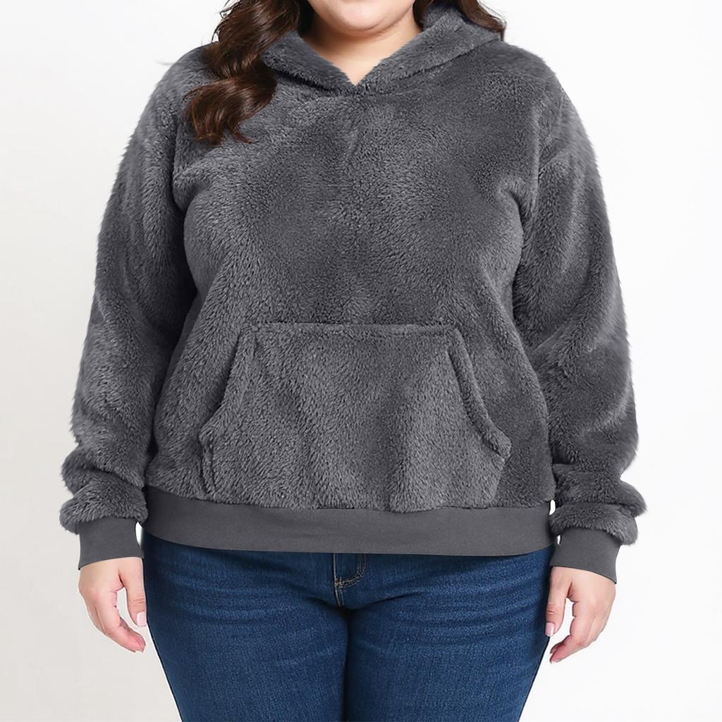 Women's Casual Plus Size Long-Sleeve Hooded Solid-Color Fleece Pullover Sweatshirt