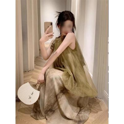 Nuevo vestido de malla para el cuello con teñido anudado estilo chino para el verano de mujer, nuevo diseño elegante para mujer, nicho con sentido del diseño, vestido largo de dos piezas falso