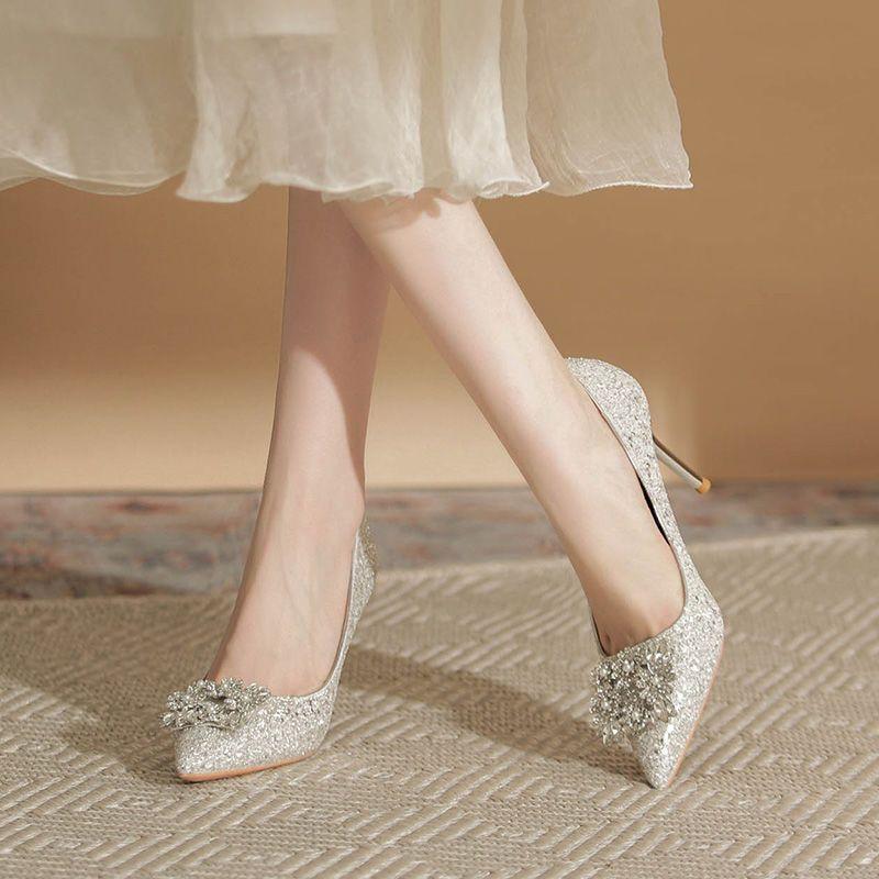Not tired feet high heels wedding shoes women's 2025 new main wedding dress bride shoes can usually wear bridesmaid shoes French crystal