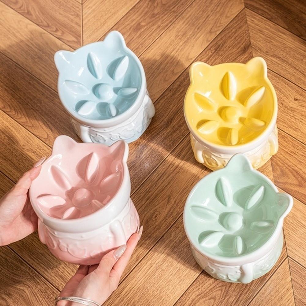 Slanted Mouth Pet Feeder Bowl Ceramic Cat High Foot Bowl Cat Slow Food Bowl  for Feeding