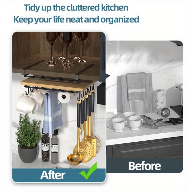 1pc Multifunctional Stainless Steel Kitchen Cabinet Rack with Mug Hook and Paper Towel Holder