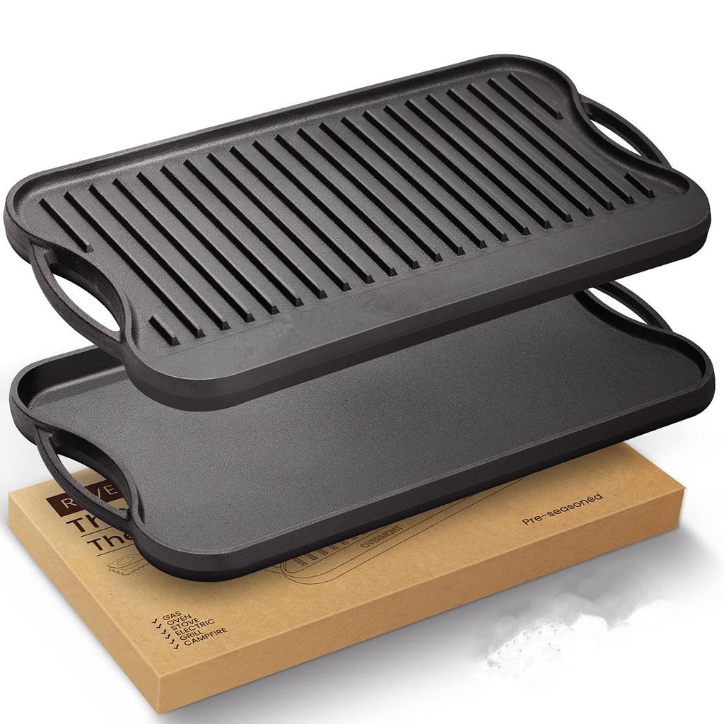 Pre-Seasoned Cast Iron Reversible Rectangular Grill Two-in-one Griddle 20 X10 Inch For Fried Steak and Fried Egg Frying Pan