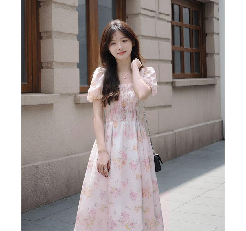 Elegant French Floral Bubble Sleeve Summer Dress