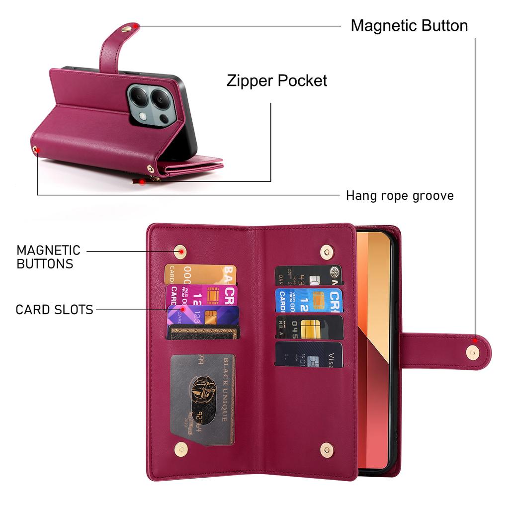 DF-011 For Xiaomi Poco M6 Pro 4G/Redmi Note 13 Pro 4G Wallet Case Zipper Leather Phone Cover