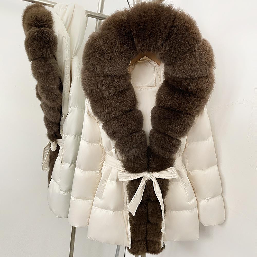 Winter lace-up hooded loose thickened coat women's retro versatile temperament real fox fur collar duck down jacket