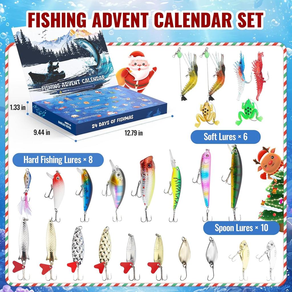 Fishing Advent Calendar 2025,24 Days Fishing Lure Advent Calendar Christmas Countdown Gift Advent Calendars Gifts for Adult Men Teen Boys