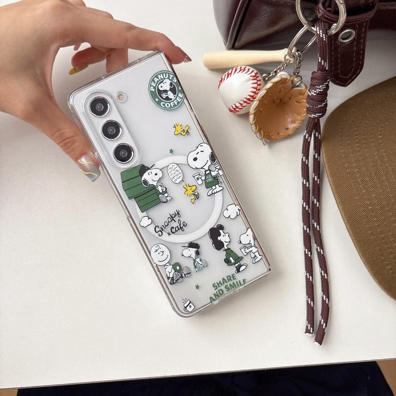 Hot Cute Cartoon coffee Snoopy Magsafe Wireless Charge Folding Phone Case For Samsung ZFold 3 4 5 6 ZFold7 Snoopy Magnetic Stand