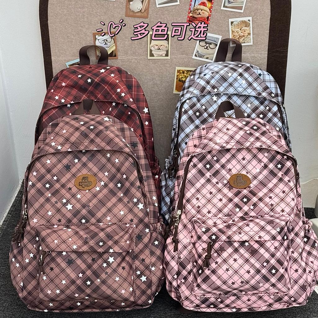 Schoolbag Backpack Female Plaid Student Travel School Bag Female Star Plaid Large Capacity Backpack School Bag Ins Niche