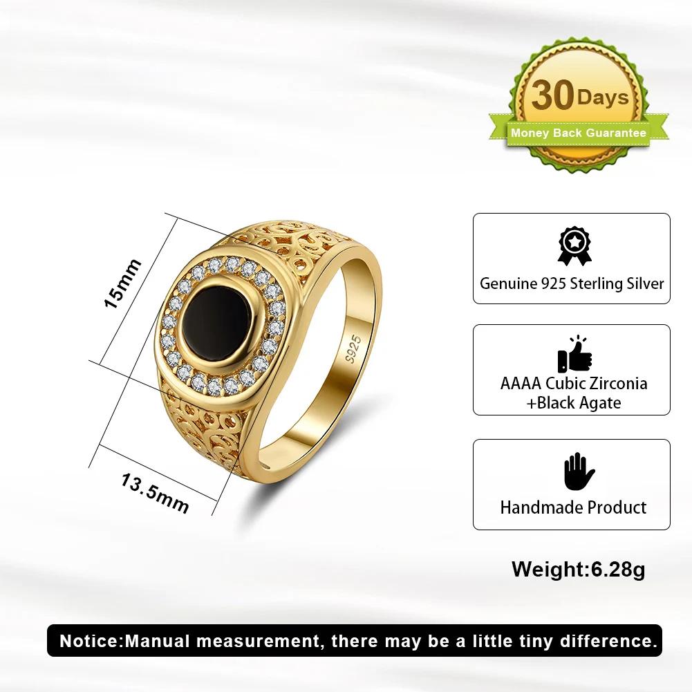 Round Agate Signet Rings for Men 925 Sterling Silver Wedding Engagement Statement Vintage Thumb Band Jewelry NMR09