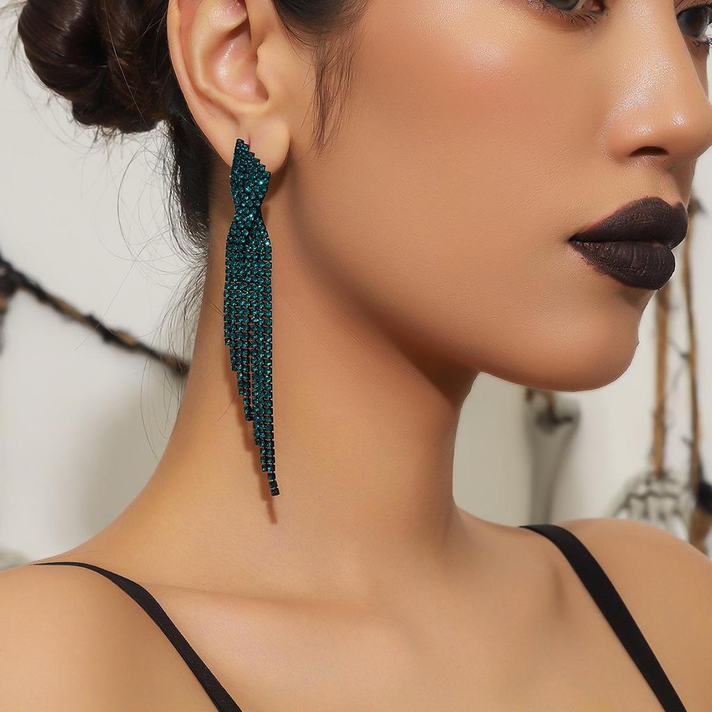 European & American Style Full Diamond Long Tassel Earrings for Women